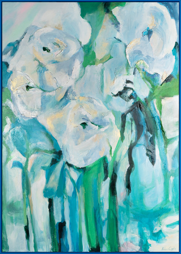 Handgeschilderde acryl schilderijen in levendige kleuren met lijst "Floral Abstraction"