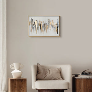 Abstraktes Stadtbild „Stadtrhythmen" im modernen Wohnzimmer – elegante Wanddeko Gold und Grau