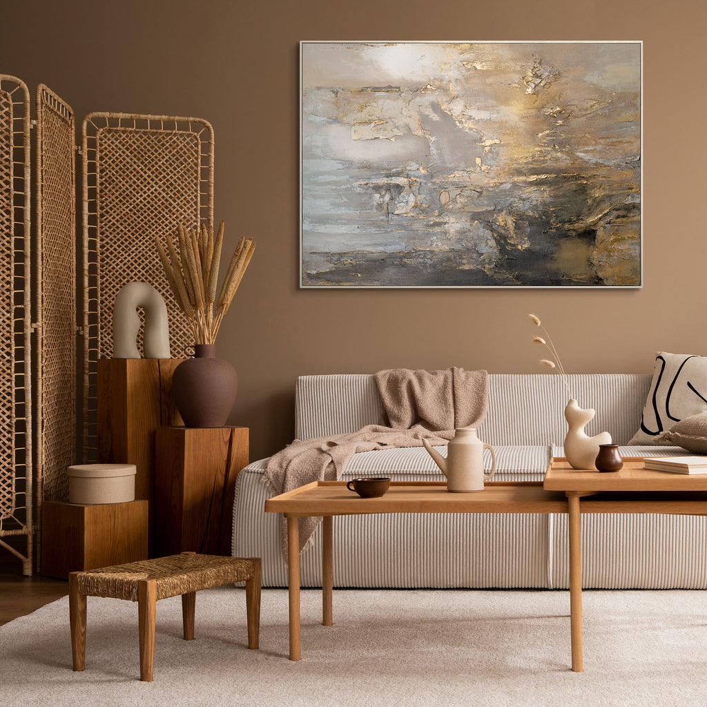 Abstraktes modernes Gemälde in Beige- und Grautönen mit Goldakzenten, handgemalt auf Leinwand, mit Rahmen, perfekte Wanddekoration für Wohnzimmer, Texturkunst, Originalkunstwerk, handgemachte Wandkunst