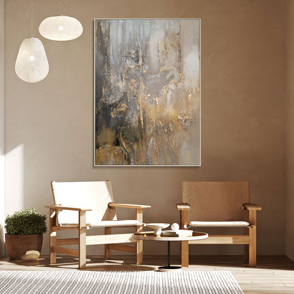 Handgeschilderde schilderijen op canvas "Golden Horizons" met lijst voor wanddecoratie woonkamer
