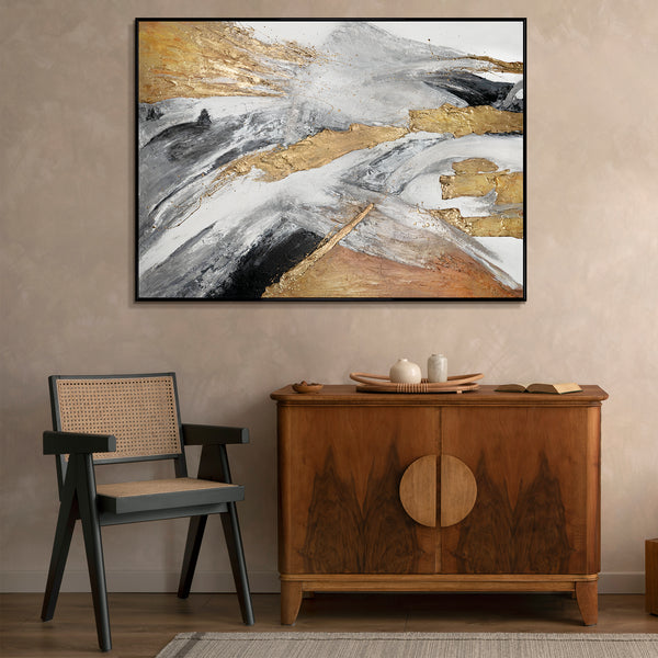 Abstracte kunst "Gouden Symfonie" met lijst als wanddecoratie voor de woonkamer