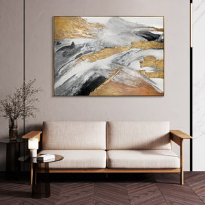 Abstracte kunst "Gouden Symfonie" met lijst als wanddecoratie voor de woonkamer