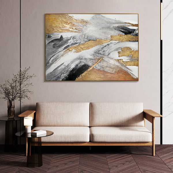 Abstracte kunst "Gouden Symfonie" met lijst als wanddecoratie voor de woonkamer