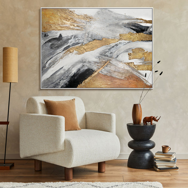 Abstracte kunst "Gouden Symfonie" met lijst als wanddecoratie voor de woonkamer
