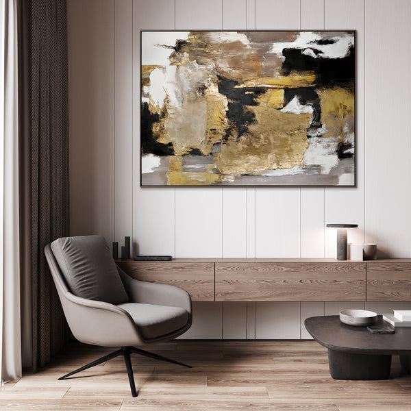 Moderne kunst "Gouden Fragmenten" met lijst beroemde schilderijen