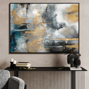Abstract kunstwerk "Gouden Klanken" met lijst voor woonkamer