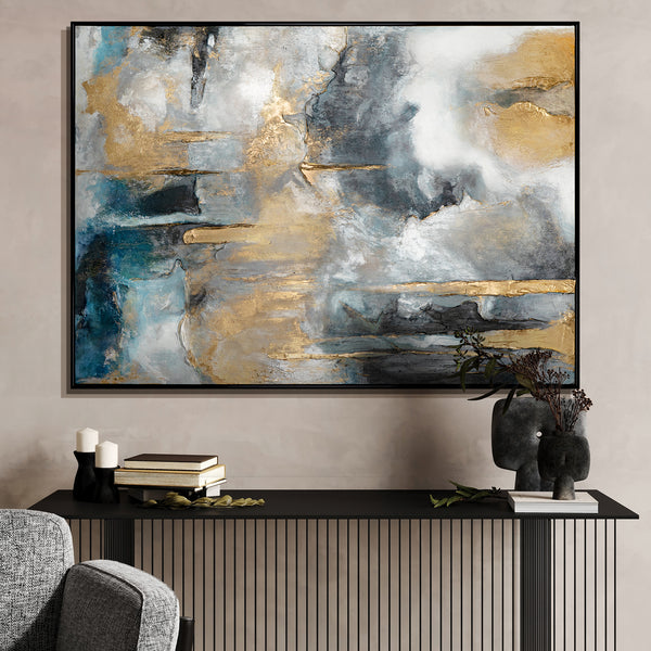 Abstract kunstwerk "Gouden Klanken" met lijst voor woonkamer