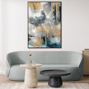 Abstract kunstwerk "Gouden Klanken" met lijst voor woonkamer