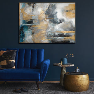 Abstract kunstwerk "Gouden Klanken" met lijst voor woonkamer