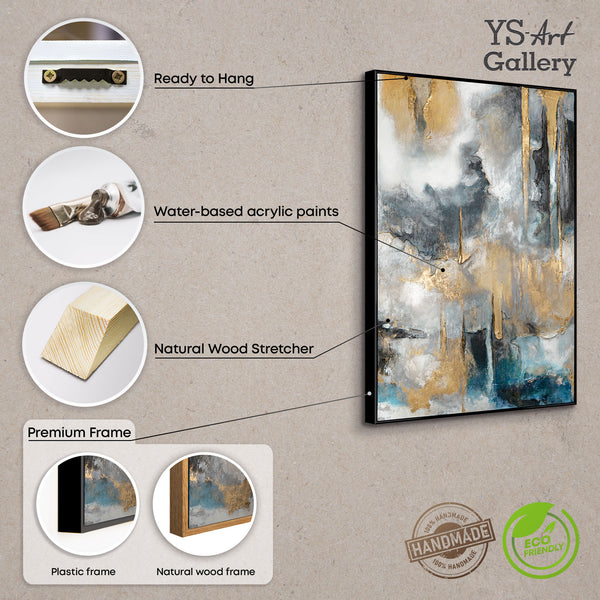 Abstract kunstwerk "Gouden Klanken" met lijst voor woonkamer