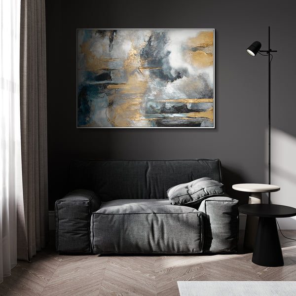 Abstract kunstwerk "Gouden Klanken" met lijst voor woonkamer