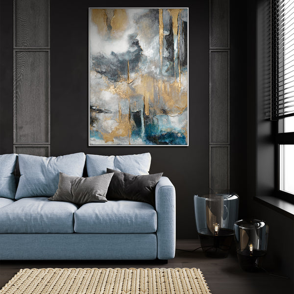 Abstract kunstwerk "Gouden Klanken" met lijst voor woonkamer
