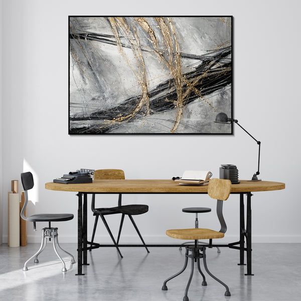 Abstracte canvas schilderijen met gouden accenten en lijst – Moderne acrylkunst