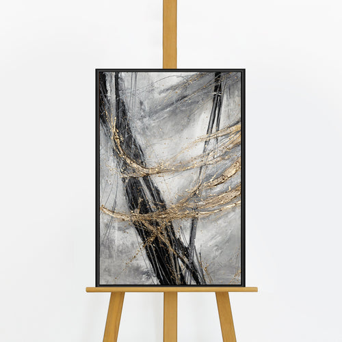 Handgemaltes Acrylbild „Goldener Strich" auf Staffelei – dynamische Linien in Gold & Schwarz, schwarzer Rahmen