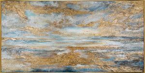 Handgeschilderd abstract acryl schilderij in liggend formaat met gouden accenten met lijst Golden Bay