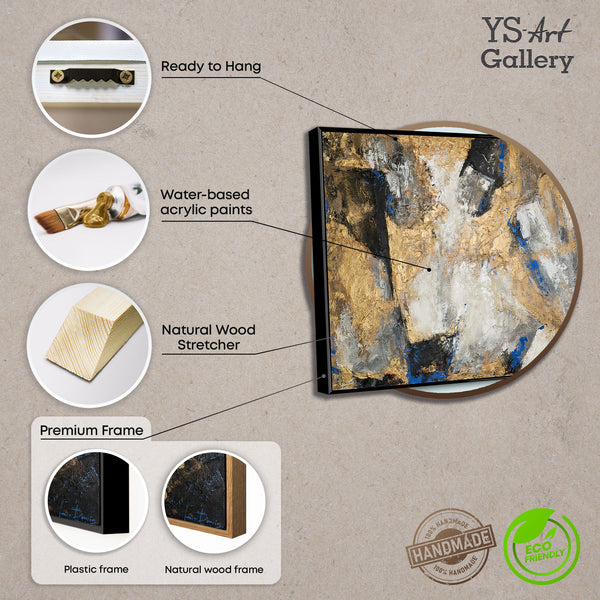 Handgeschilderd acryl schilderij met lijst Gouden contrast Abstracte kunst met gouden accenten 
