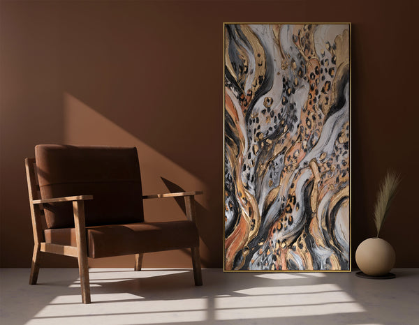 Abstract acryl schilderij in zwart en goud - schilderij met lijst voor woonkamer "Wild Energy"