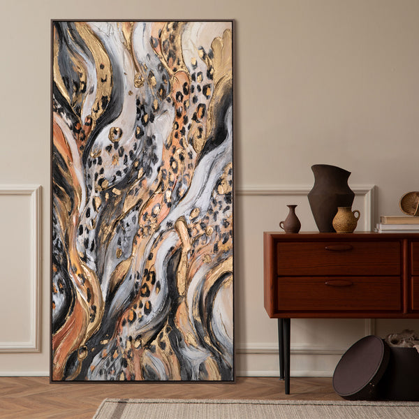 Abstract acryl schilderij in zwart en goud - schilderij met lijst voor woonkamer "Wild Energy"