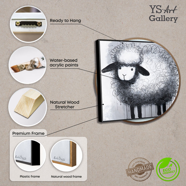 Handgeschilderd acryl schilderij met lijst "Vrolijk Schaap" – decoratie voor kinderkamer en woonkamer