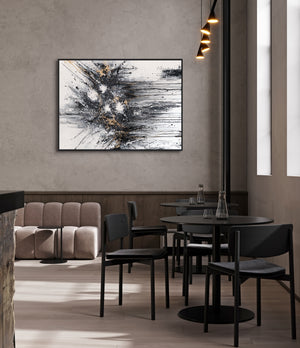 Abstract canvas schilderij met lijst "Energie van Lijnen" – Monochrome kunst met goud
