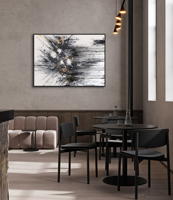Abstract canvas schilderij met lijst "Energie van Lijnen" – Monochrome kunst met goud

