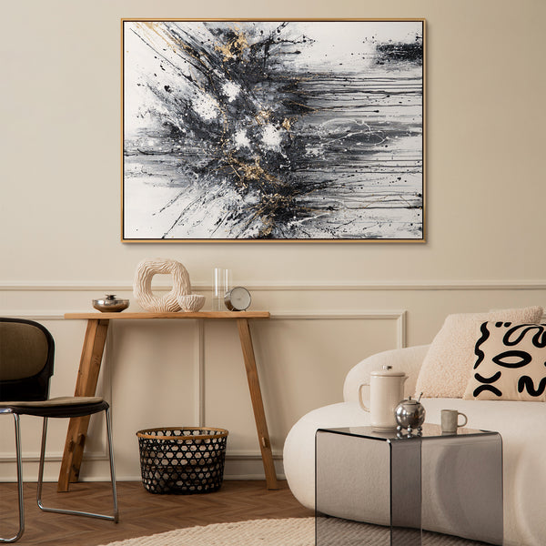 Abstract canvas schilderij met lijst "Energie van Lijnen" – Monochrome kunst met goud
