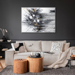 Abstract canvas schilderij met lijst "Energie van Lijnen" – Monochrome kunst met goud
