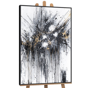 Abstract canvas schilderij met lijst "Energie van Lijnen" – Monochrome kunst met goud

