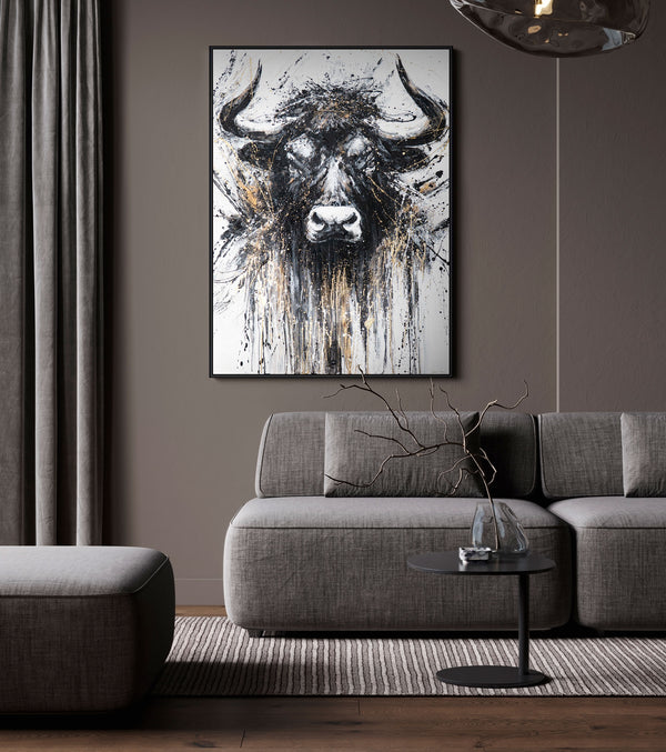 Gemälde Handgemalt mit Rahmen „Stärke in Schwarz und Gold“ – majestätischer Bulle frontal