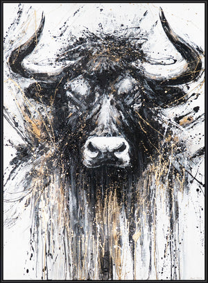 Handgeschilderd canvas schilderij "Kracht in Zwart en Goud" – Majestueuze stier frontaal
