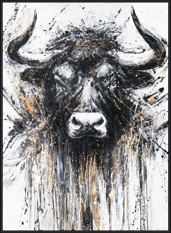 Handgeschilderd canvas schilderij "Kracht in Zwart en Goud" – Majestueuze stier frontaal

