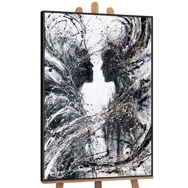 Monochroom Acryl schilderij met lijst "Twee Gezichten" – Emotionele wandkunst op canvas

