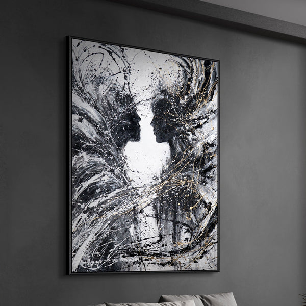 Monochroom Acryl schilderij met lijst "Twee Gezichten" – Emotionele wandkunst op canvas
