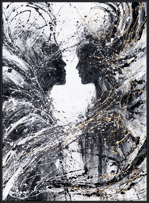 Monochroom Acryl schilderij met lijst "Twee Gezichten" – Emotionele wandkunst op canvas
