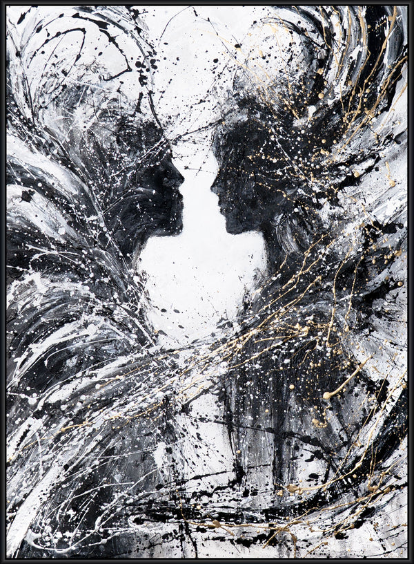 Monochroom Acryl schilderij met lijst "Twee Gezichten" – Emotionele wandkunst op canvas
