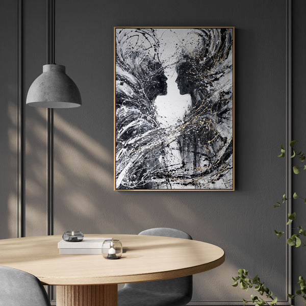 Monochroom Acryl schilderij met lijst "Twee Gezichten" – Emotionele wandkunst op canvas
