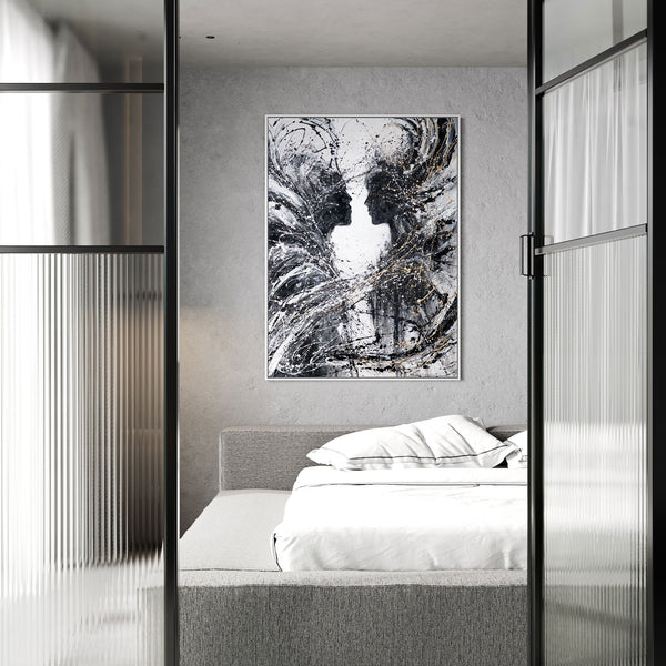 Monochroom Acryl schilderij met lijst "Twee Gezichten" – Emotionele wandkunst op canvas
