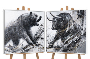 Handgeschilderd Diptych "Stier & Beer" met lijst – Moderne kantoorwanddecoratie
