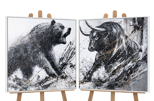 Handgeschilderd Diptych "Stier & Beer" met lijst – Moderne kantoorwanddecoratie
