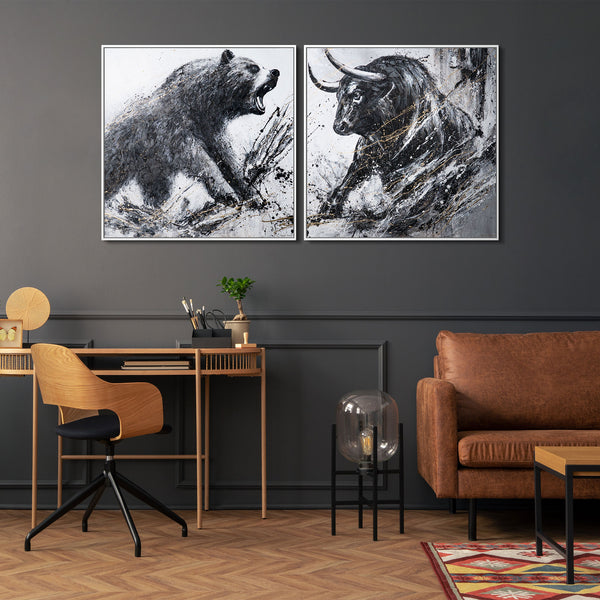 Handgeschilderd Diptych "Stier & Beer" met lijst – Moderne kantoorwanddecoratie
