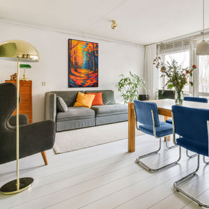 Handgeschilderd Leinwandbeeld "Gloeiende Paden in Herfstbos" – Structuur & Kleurrijk
