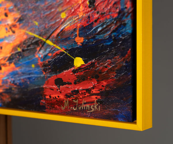 Wandbild auf Leinwand mit Rahmen „Glühende Pfade im Herbstwald“ – handgemalt mit Struktur