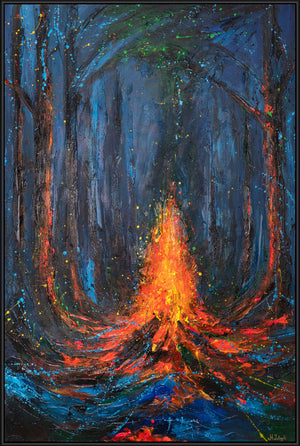 Handgeschilderd Canvas schilderij "Vuur vonken" – Mystieke nachtlandschap met lichteffecten

