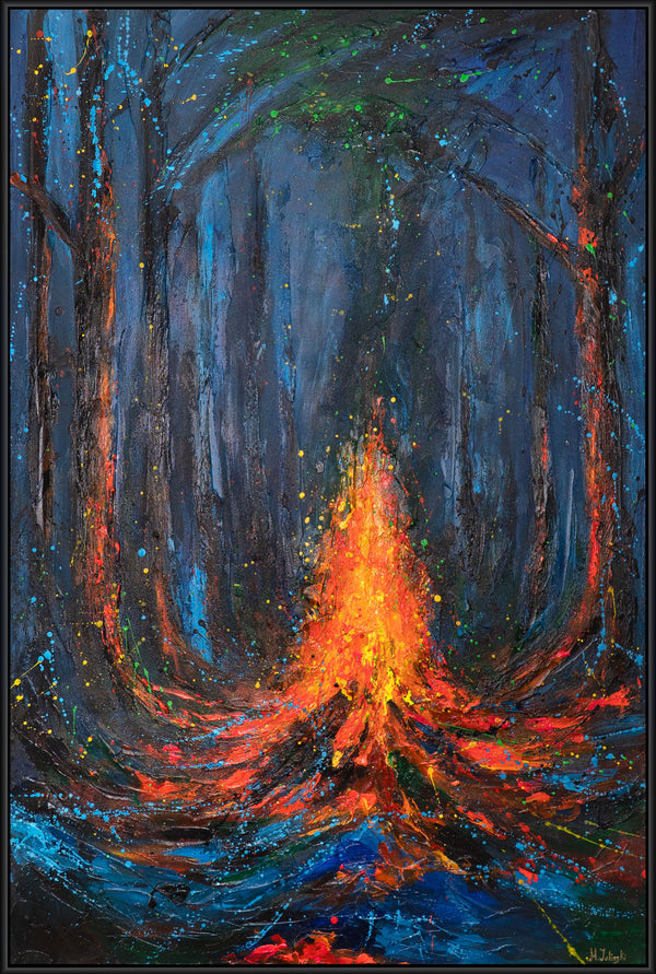 Handgeschilderd Canvas schilderij "Vuur vonken" – Mystieke nachtlandschap met lichteffecten
