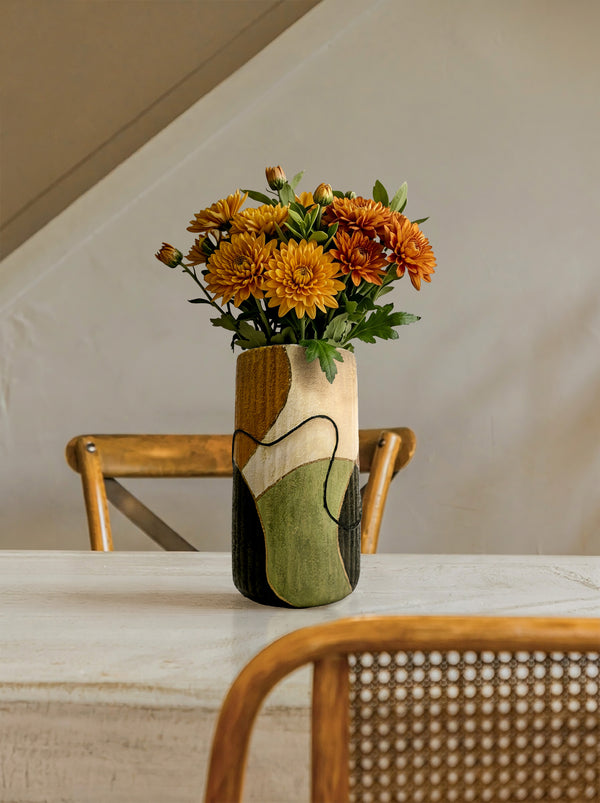 Kleine keramik Vasen handbemalt in Olivgrün und Ocker, 22 cm