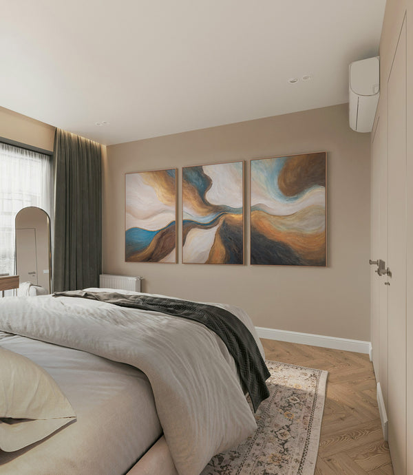Moderne schilderijen in bruin & blauw – Handgeschilderde wanddecoratie „Verloop van de Tijd”