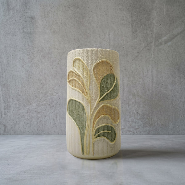 Keramik bodenvase beige handbemaltes Blattmotiv, 22 cm