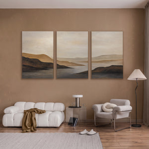 Handgeschilderd Acryl Schilderij „Zachte Zonsopgang” – Handgeschilderd Landschap in Beige & Bruin