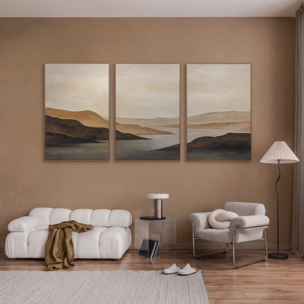 Handgeschilderd Acryl Schilderij „Zachte Zonsopgang” – Handgeschilderd Landschap in Beige & Bruin