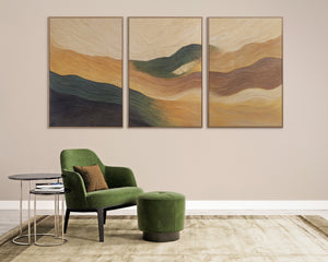 Handgeschilderd Schilderij "Golven van de Horizon" – Abstract Landschap in Natuurtinten